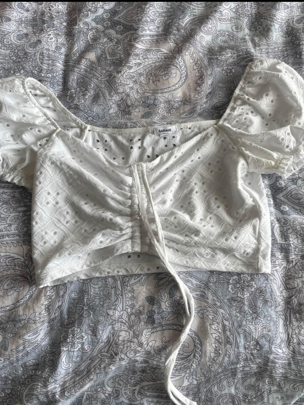 Garage White Eyelet Ruched Tie-Front Puff Sleeve Crop Top